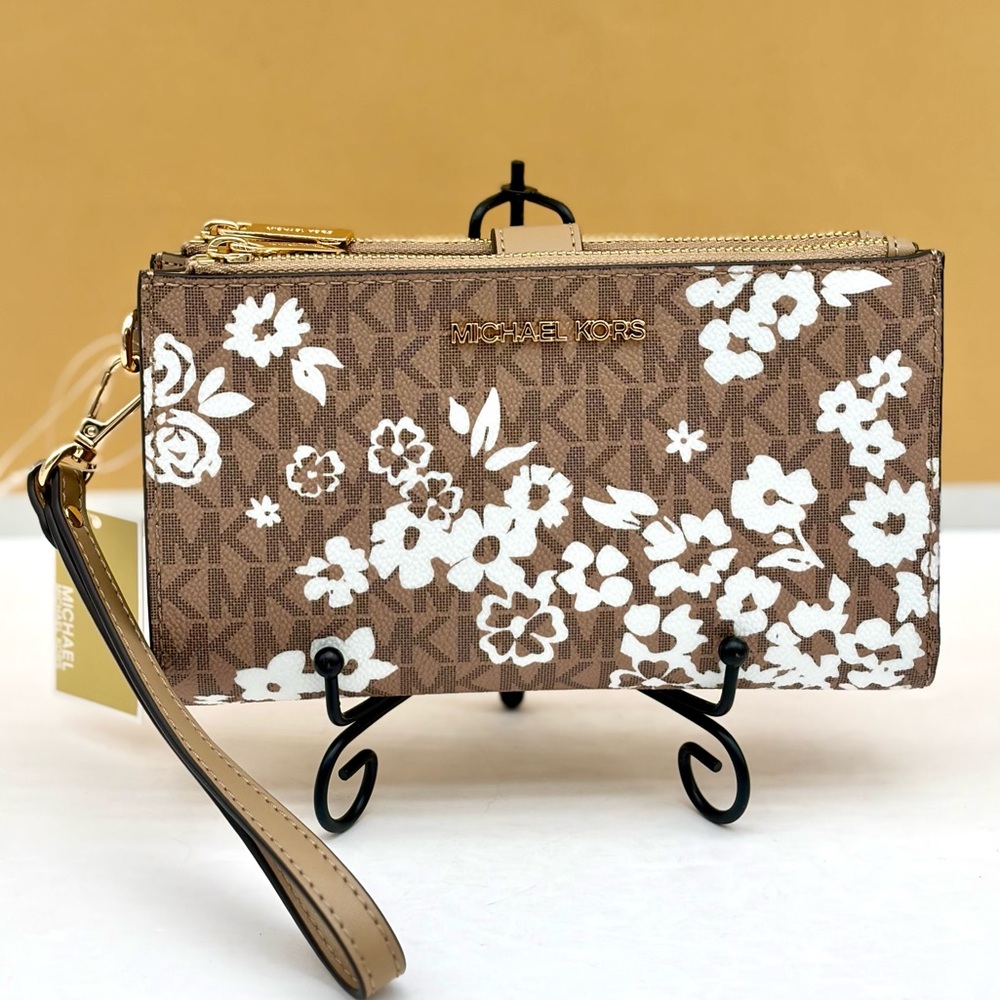 MICHAEL KORS Double Zip Printed Signature Logo Wristlet Wallet